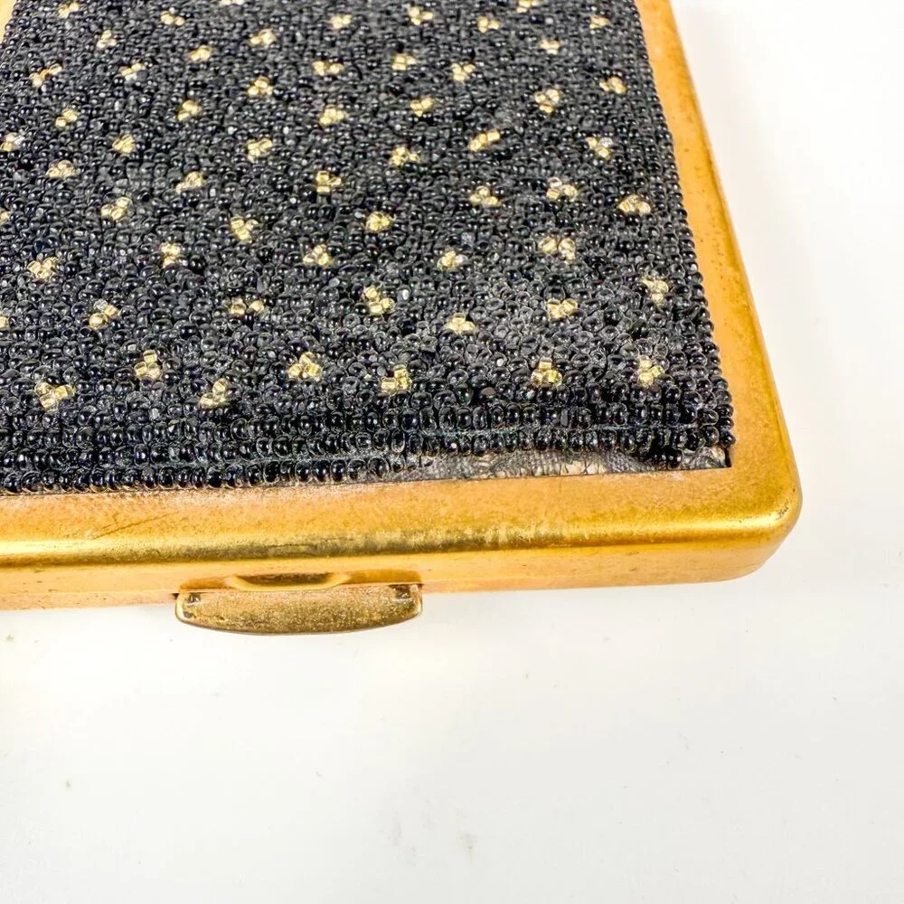 Elgin American Gold Tone Square Powder Compact Case Black Seed Beaded